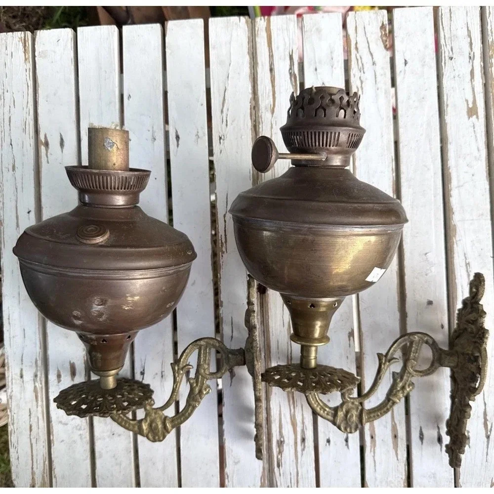 Pair Antique Brass Namna TTO MONNE Wall Sconce Fuel Oil Lamp 12x8